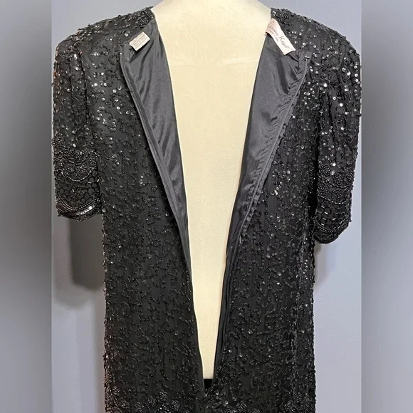 1980S LAURENCE KAZAR BLACK SILK
SEQUIN DRESS size Large - Picture 3 of 14